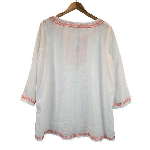 J. Jill White Linen Embroidery Peasant Boho Tunic Top Coastal White Coral Medium - Picture 4 of 7